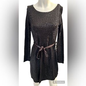 Express black sequin mini dress. Long sleeve with sash belt